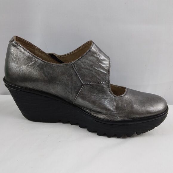 Fly London Gunmetal Gray Pewter Yasi Wedge Mary Jane Style Shoes 40 US 9 9.5 - Picture 8 of 13